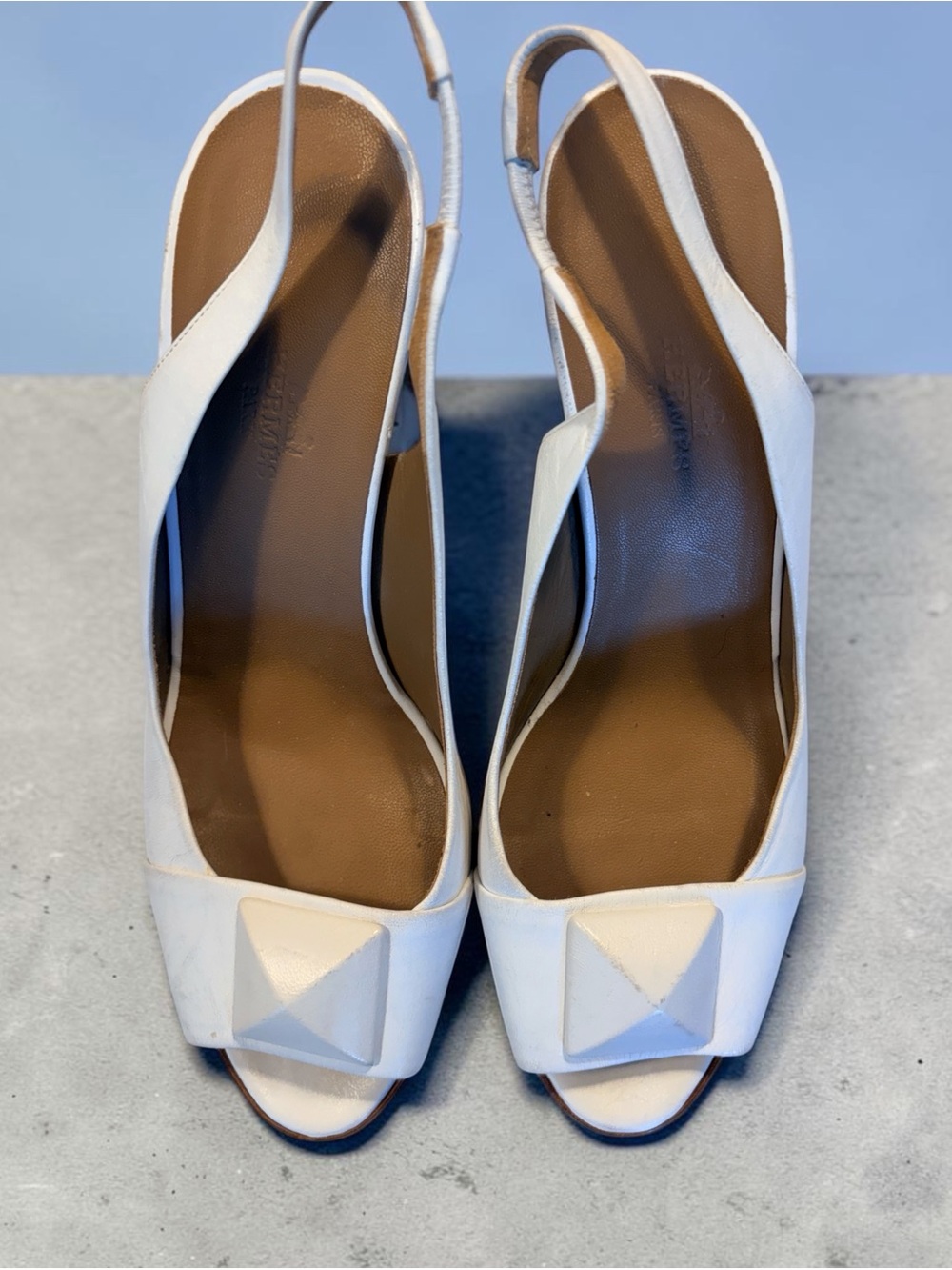 Hermes White Slingback Peep-Toe Pumps with Geometric Accent